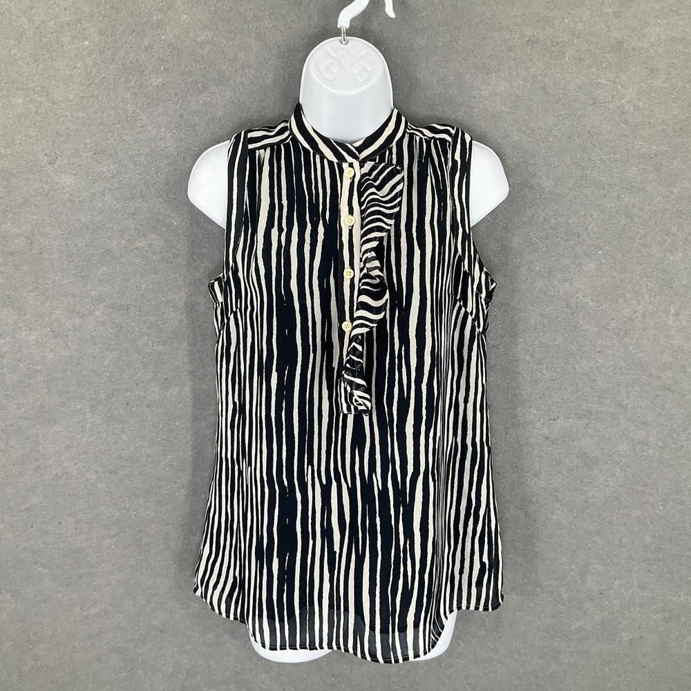 Banana Republic Top Womens Sz 4 Striped Sleeveless Button Accent Ruffle Blouse